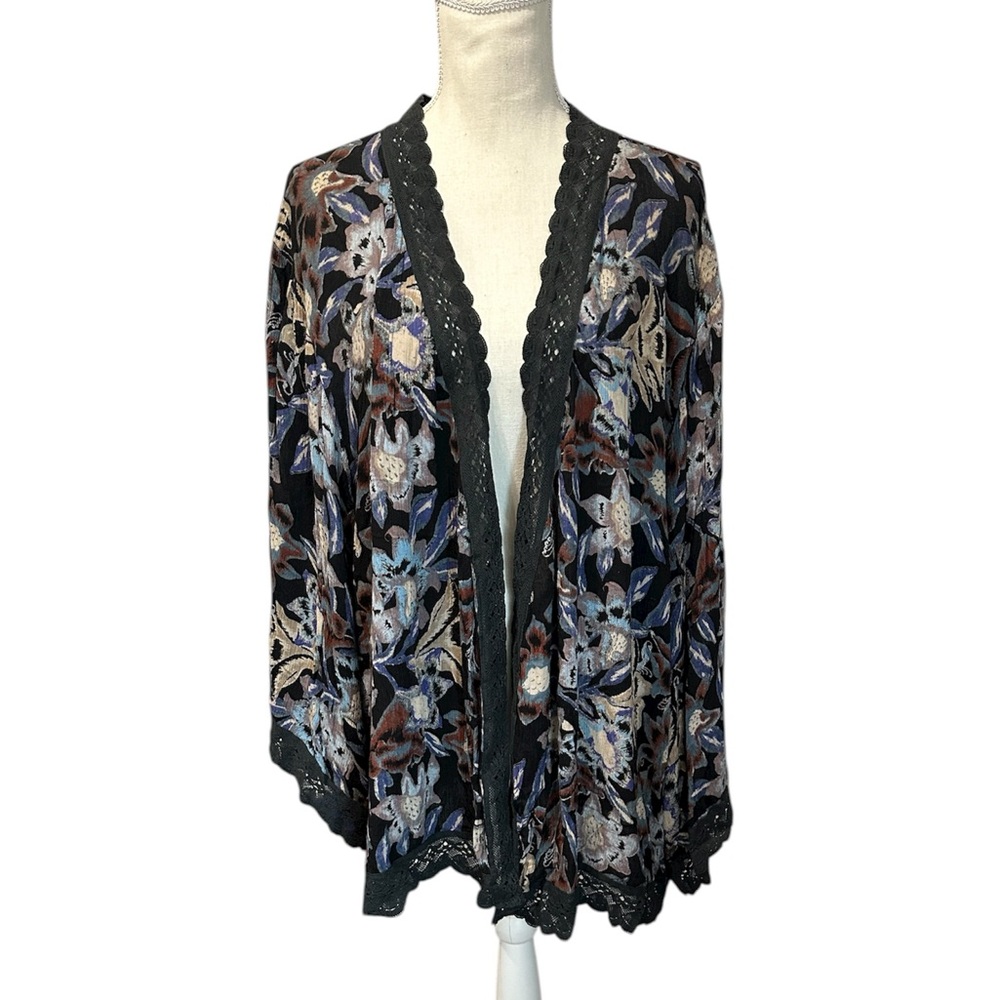 Free People Black Floral Lace Trim Kimono Women’s Size Medium